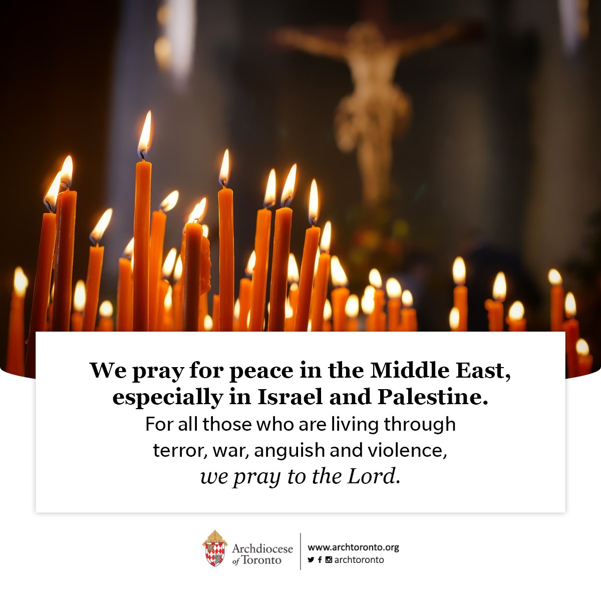 We pray for peace in the Middle East, especially in Israel and Palestine. For all those who are living through terror, war, anguish and violence, we pray to the Lord. #PrayForPeace