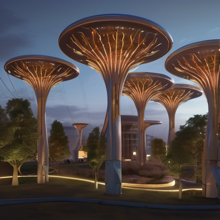 TMRWradio's tweet photo. Communities gathered, greetings exchanged in the glow of bioengineered trees, casting an ethereal light. Wind-activated art produced energy. Skyscrapers purified air. A harmonious future orchestra of human and nature in unity. Climate despair healed, conservation the melody. https://t.co/3GyOvCa0R0