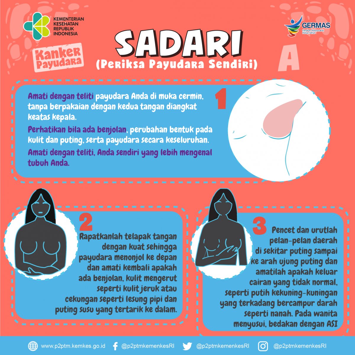 sari_tjakra's tweet photo. Bulan Oktober ini adalah bulan kesadaran kanker payudara (breast cancer awareness month).
Cara efektif deteksi dini kanker payudara adalah #Sadari atau periksa payudara sendiri setiap bulan.
Cara ini menyelamatkan saya, ibu saya, dan adik saya. Kami deteksi benjolan payudara (FAM) sedari dini, berkonsultasi ke dokter, dioperasi dan diangkat saat masih berbentuk tumor jinak.
