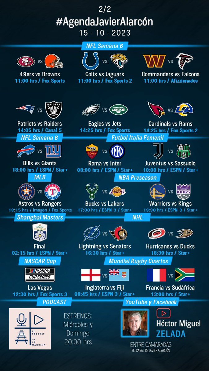 #AgendaJavierAlarcon | #LigaBBVAExpansiónMX #LigaMXFemenil #WNBA #NFL #MLB #NBA #NASCAR #RWC2023 #RolexShanghaiMasters #NHL #EntreCamaradas