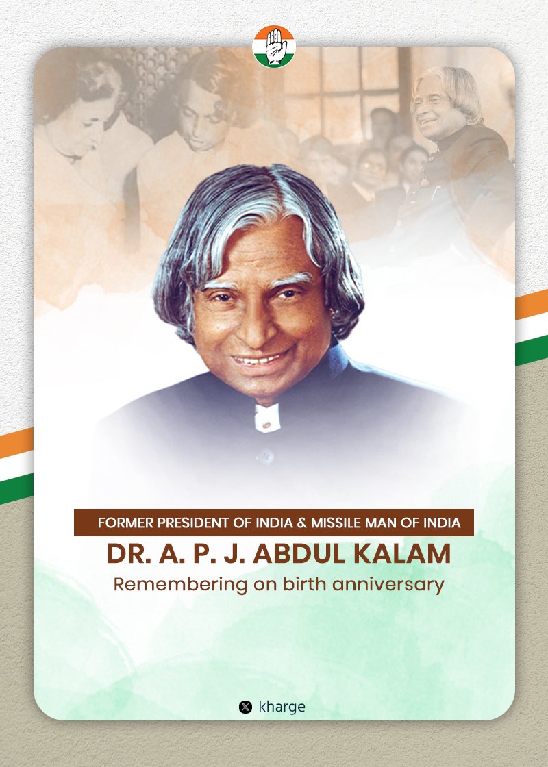 kharge's tweet photo. “Look at the sky. We are not alone. The whole universe is friendly to us and conspires only to give the best to those who dream and work."

~ Dr A. P. J. Abdul Kalam 

Solemnly remembering the Former President of India and pioneer of India’s Missile programme, Dr A. P. J. Abdul Kalam on his birth anniversary. 

His tremendous contribution to enhance India’s scientific and technological prowess is an inspiration to millions.