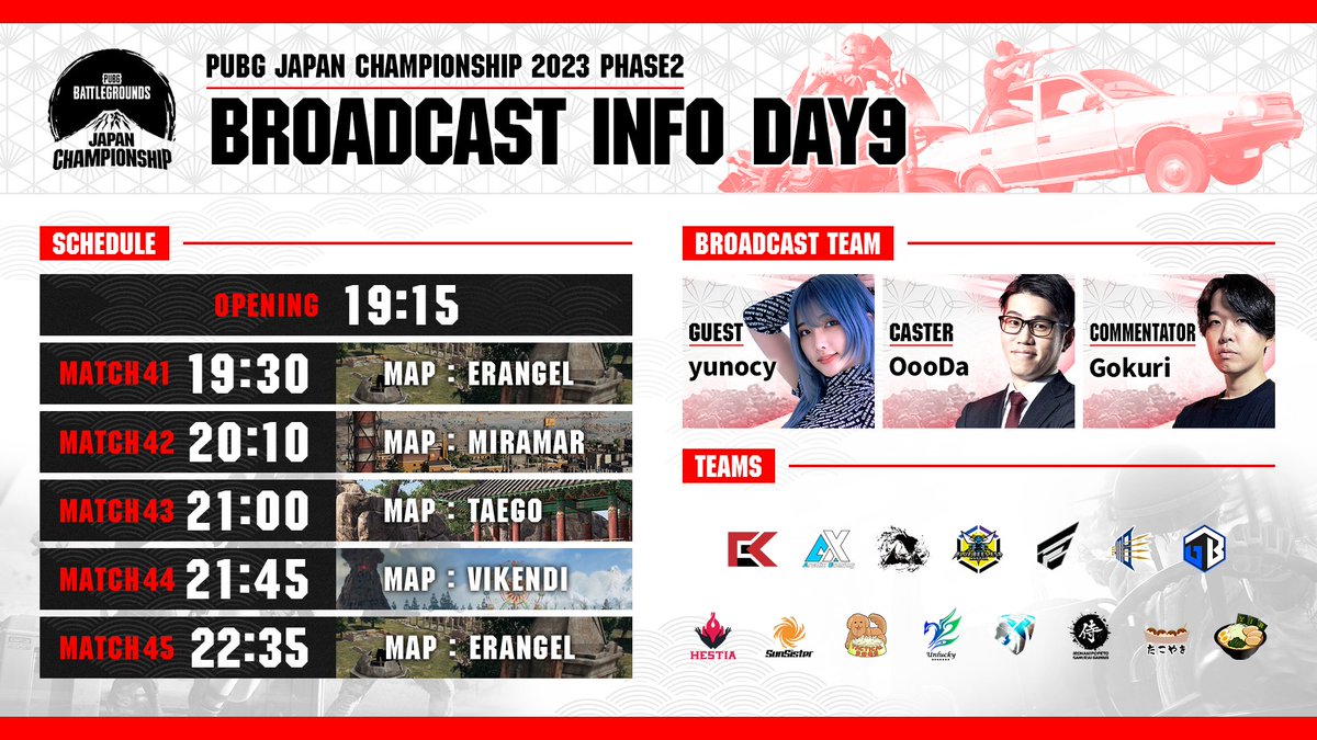 PUBGEsports_JP's tweet photo. 🗻 #PUBG JAPAN CHAMPIONSHIP 2023 Phase2

🗓️WEEK3：10月15日(日)
⏰19時30分試合開始
🗺️Erangel, Miramar, Taego, Vikendi

🎙️ @OooDa @Gokuri_kuyao 
🔥 @mizuyuno_

🔴https://t.co/uhIKYXoXef
🟣https://t.co/oMFh0AMXUx

#PUBGEsports #PJC2023 https://t.co/18oWxYTFlY