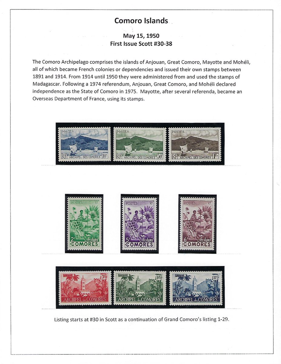 First_Stamps's tweet photo. FIRST ISSUE of the Day: Comoro Islands Sc 30-38 issued May 15, 1950. #philately #Stamps #comoro https://t.co/Ii8gtZsMLK