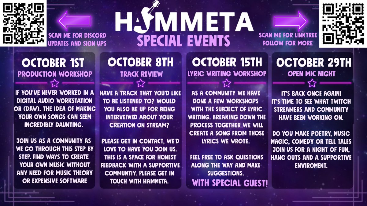 Already planning November's but if you want to get involved with any of these, these are open for all! You do not have to be a music streamer or content broadcaster.

Find a community where we break down the process, encourage and have fun.