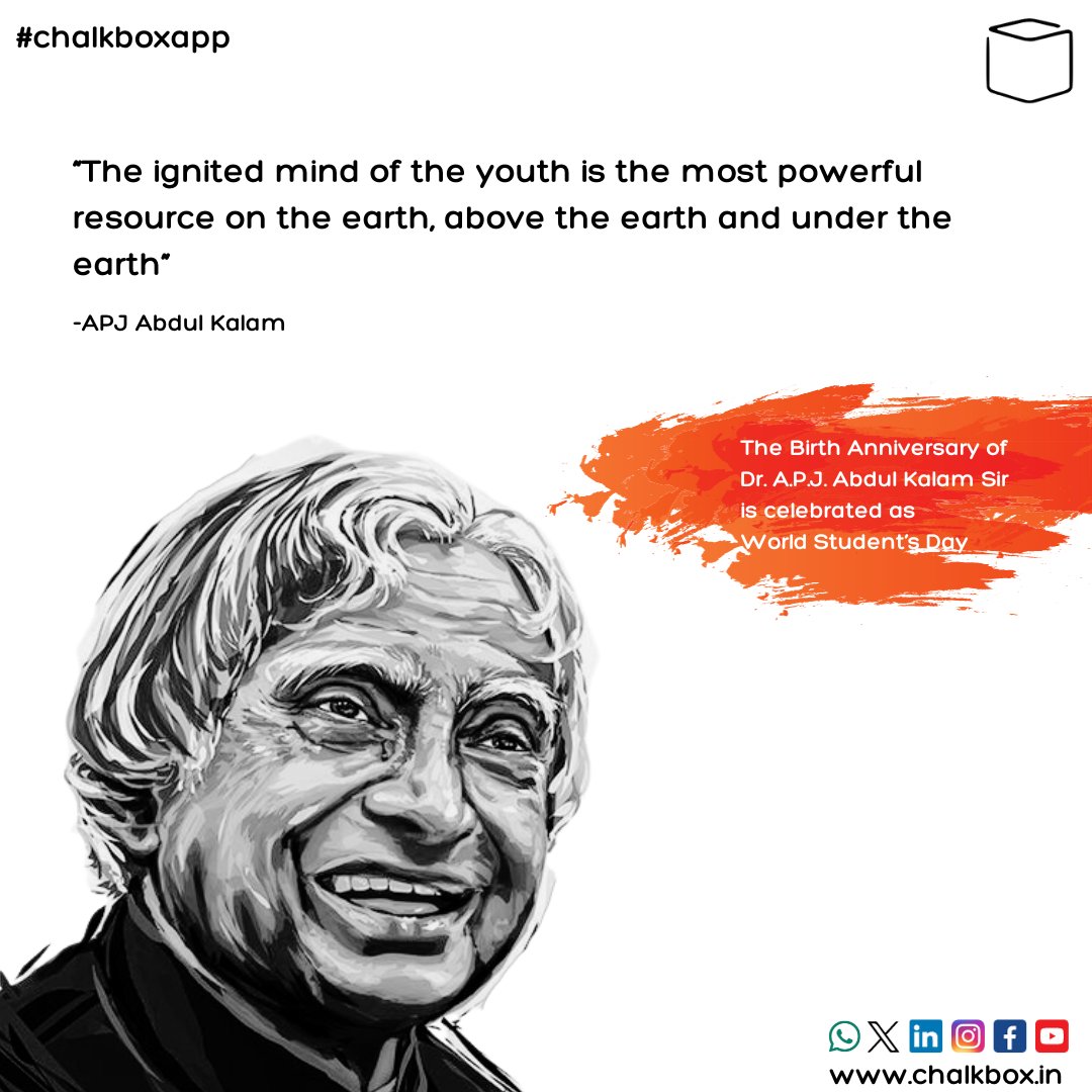 Remembering the 'Missile Man' Dr. A.P.J. Abdul Kalam on his birth anniversary, celebrated as Student Day.
Let's continue his legacy by embracing knowledge, curiosity, and the pursuit of dreams. 
#studentday 
#apjabdulkalam 
#learninglegacy
#chalkboxapp
#teamchalkbox