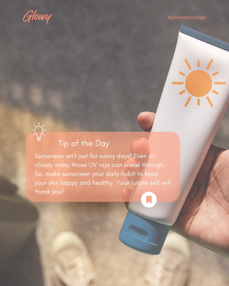 GlowySocialApp's tweet photo. Don't leave your skin hanging! Whether it's sunny or cloudy, give it the love it deserves.
Sunscreen is like a cozy blanket for your skin.
Swipe it on, and let it do its magic!
#SunscreenLove #GlowySkin #glowyapp #skincaregoals #glowysocial #skincaretips #skincarecommunity https://t.co/J4IyyM4ik9