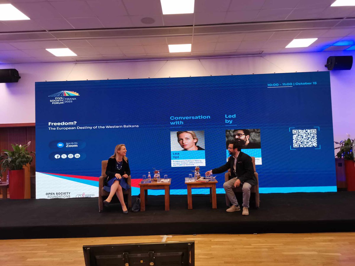csf_wb's tweet photo. 📣Day 2 of  the #CSFTirana is about to start! 

🔹Freedom? The European Destiny of the #WesternBalkans 

A talk between renowned authors and academics @lea_ypi and @IgorStiks who will discuss freedom, the future of #WesternBalkans, and its #European destiny.

#EU 
#BerlinProcess https://t.co/Kgg5eKu5a4