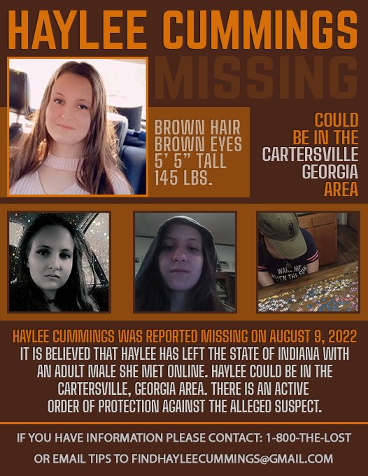 Elizabe03325671's tweet photo. DAY 432: #HayleeCummings #Missing from #Muncie #Indiana since 8/9/22 could possibly be in the northwest area of #Georgia in #BartowCounty / #CobbCounty 🚨🚨 NEW EMAIL INFO FOR ANONYMOUS TIPS 🚨🚨 https://t.co/wEKzexsfwC