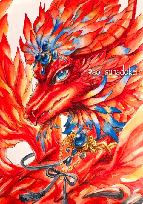 透明水彩絵の具と顔彩で鮮やかな朱いドラゴンを描いた B5サイズ  背景は紙の白をそのまま残してドラゴンのシルエットが分かりやすいように  めーーっちゃ楽しかった〜 目元とか口の先とか、細部もとっても綺麗に仕上がったから是非拡大してご覧くださいー  お絵描き無限に楽しいー