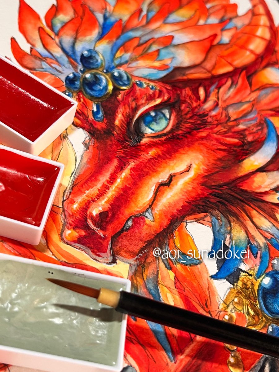 「透明水彩絵の具と顔彩で鮮やかな朱いドラゴンを描いた B5サイズ  背景は紙の白を」|青砂時計のイラスト