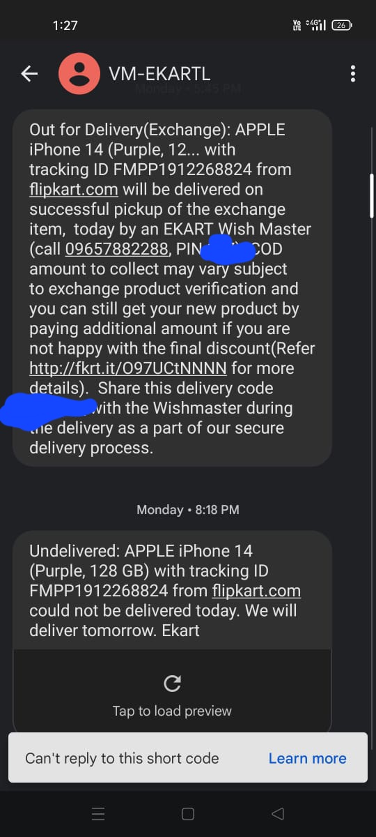 Afreenkhan0227's tweet photo. @flipkartsupport 
I placed an order on the 8th oct and it was supposed to be delivered on the 9thoct but it has not been delivered till now nor did we get any updates. There's a message via WhatsApp that we get every day that your order will be delivered in 24hrs. https://t.co/amVPWVotBc