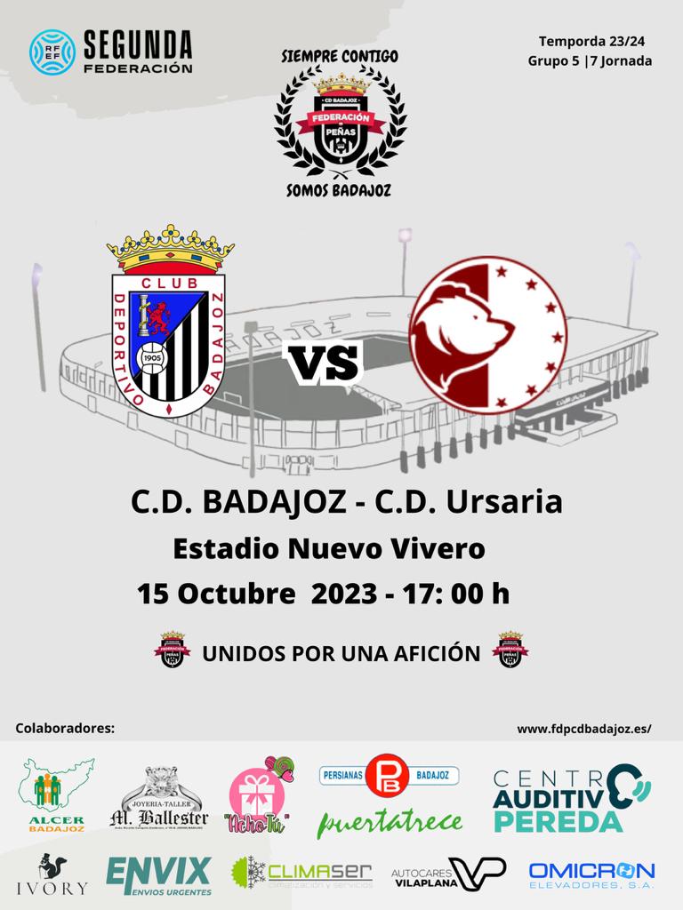 FdP_CDB's tweet photo. 😭 Se acaba el puente 🌉
Pero estamos contentos 😊 porque...
🚨⚽ ᎻᎾᎽ ᎬᏕ ᎠłᎯ ᎠᎬ ᏰᎯᎠᎯ ⚽🚨

🕒 15:00 #FanZoneCDB 🥤🍻🍟🍬

🕔 17:00 @CDBadajoz ⚔️ @CDURSARIA

🎟 Entradas en taquilla y online
En beneficio de @aspacebadajoz

#AupaCDB ⚪⚫ #SiempreContigo https://t.co/w7S8SGgVLg