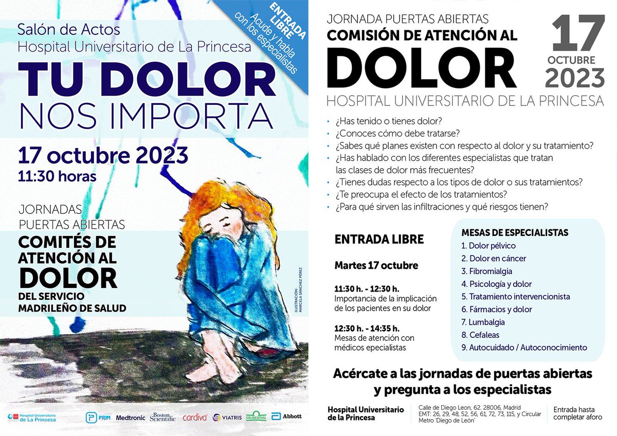 ⏰📆📣🙌🗣️🏨 17OCTUBRE 11:30 
Vuelven las Jornadas de puertas abiertas del Comité del Dolor en el Hospital de la Princesa. Pacientes, Escuela madrileña de salud y más de 11 especialidades para resolver tus dudas sobre el dolor. Te esperamos!!#tudolornosimporta
#diamundialdeldolor