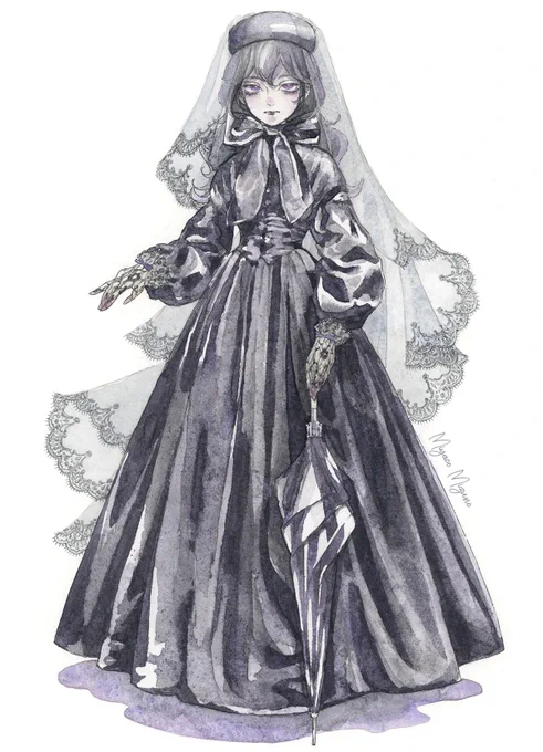 美しい黒、ゴシック、ヴェール、 ヴィクトリア時代の喪服のドレス
