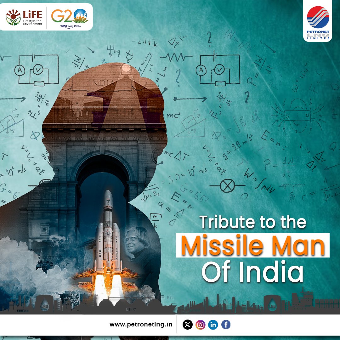 PetronetLNGLtd's tweet photo. Tribute to #MissileMan Dr. APJ Abdul Kalam on his birth anniversary. Dr. Kalam's legacy is a source of inspiration for millions, his dedication to excellence and vision of a self-reliant India continues to motivate us for providing clean and sustainable energy solutions. https://t.co/p0gO5i0aPQ