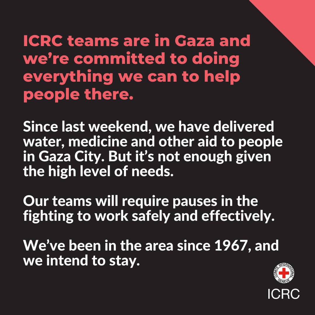 MamadouSowICRC's tweet image. We have been in Israel and the Occupied Palestinian Territories since 1967, and we intend to stay. 
 
We are exploring all avenues to bring life-saving aid.