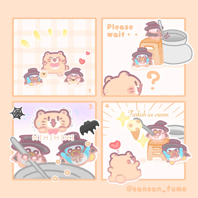 🍦〜トルコアイス〜

ふもぬいハロウィンまんが④
モンスターたちのお返し🧛‍♂️🏺🧙‍♀️

🍦〜Turkish ice cream〜

Fumonui halloween manga ④
Monsters' return🧛‍♂️🏺🧙‍♀️

#ハロウィン #ゆるいイラスト #4コマ漫画
#illustration #manga #helloween 