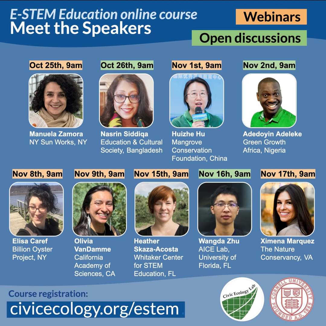 Dear colleagues, educators, and anyone else interested in E-STEM !! You can enroll or share for others. The course begins on 10/23, but we will accept new participants until 10/27. civicecology.org/estem