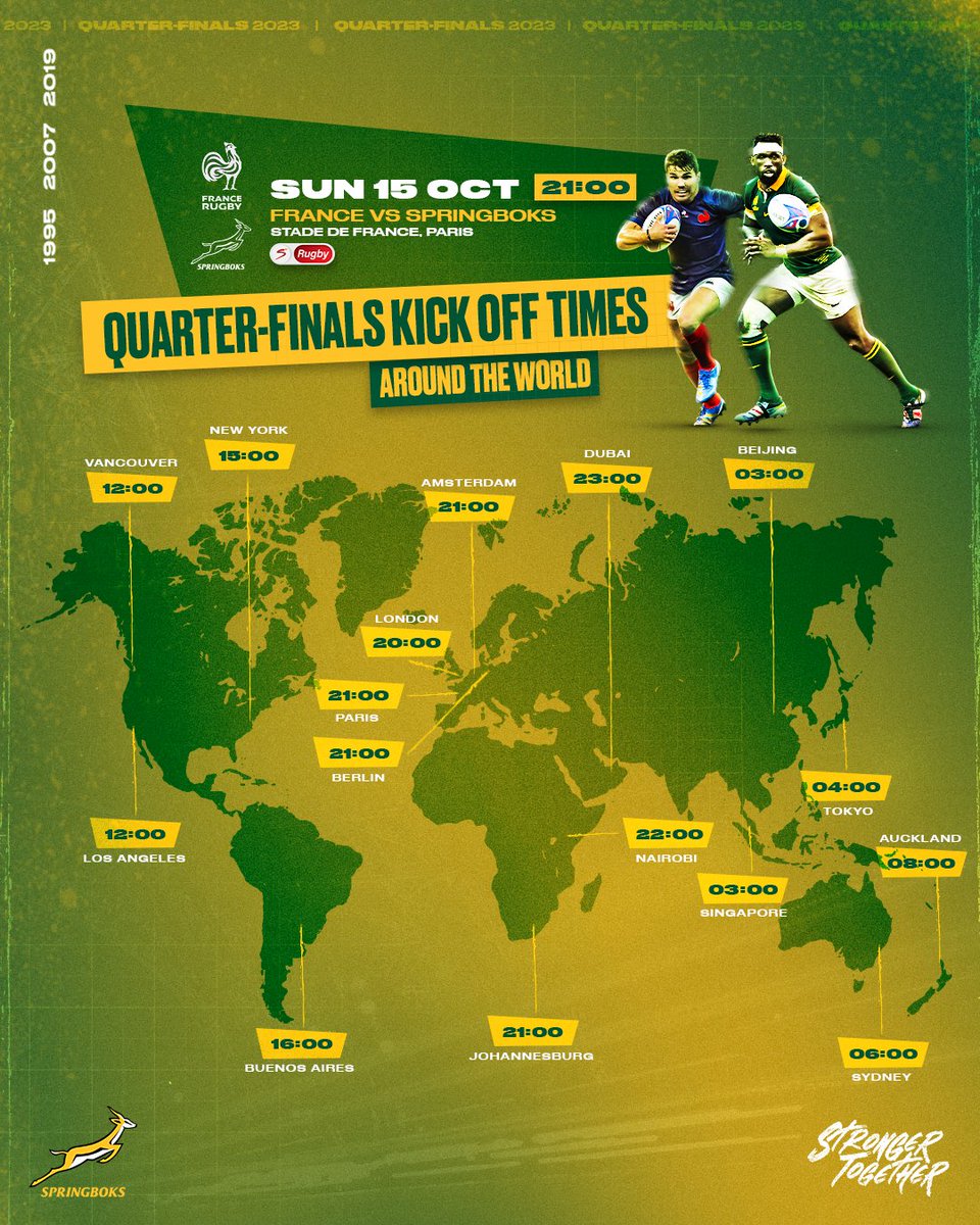 Springboks's tweet image. Where will you be watching from today? 🌍

Set those alarms and get behind the #Springboks as they take on #France.

#StrongerTogether #RWC2023