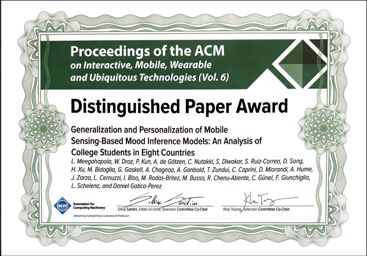 Shyam Diwakar (@regularjoy) on Twitter photo Our <a href="/WeNetProject/">WeNet – The Internet of Us</a> paper "Generalization & Personalization of Mobile Sensing-Based Mood Inference Models: An Analysis of College Students in Eight Countries" has received the Distinguished paper award from <a href="/TheOfficialACM/">Association for Computing Machinery</a>. This award showcases the top among best 3-4% articles. Our <a href="/WeNetProject/">WeNet – The Internet of Us</a> paper "Generalization & Personalization of Mobile Sensing-Based Mood Inference Models: An Analysis of College Students in Eight Countries" has received the Distinguished paper award from <a href="/TheOfficialACM/">Association for Computing Machinery</a>. This award showcases the top among best 3-4% articles.