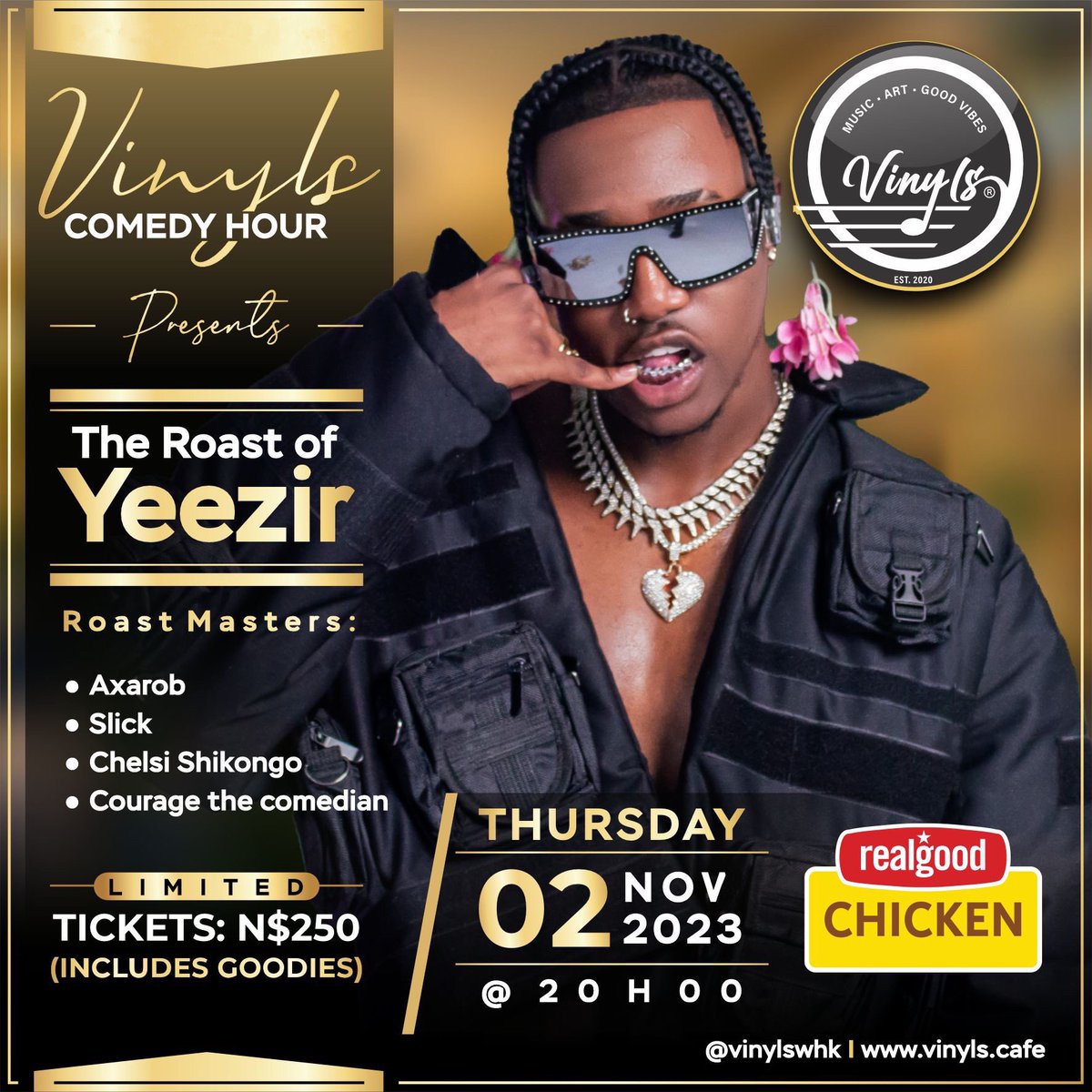 COMEDYHOURSTAGE's tweet photo. We are excited to bring you #TheRoastOfYeezir for the November Edition of #vinylscomedyhour 🎉

Date: Thursday, 2 November 2022
Time: 20:00📌

Limited Tickets available for N$250.00 at Vinyls Music Cafe or you can call +264818402951🎫

See you there! https://t.co/CiHSICfTLe