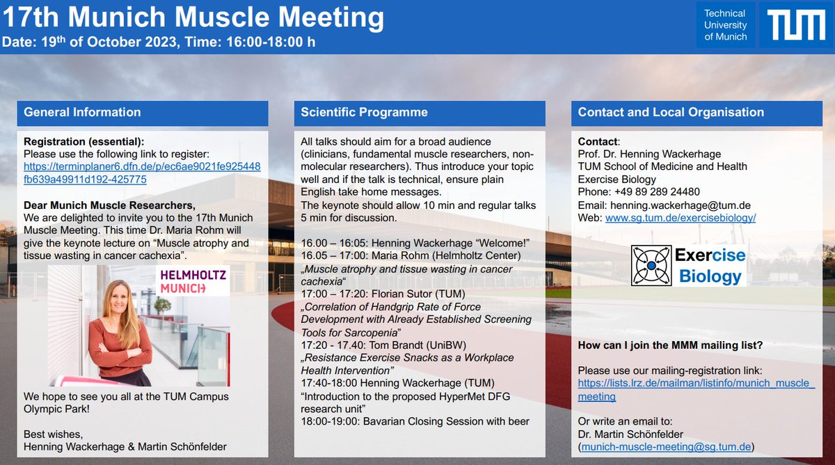 Munich Muscle Researchers, the 17th Munich Muscle Meeting will take next Thursday from 16-18 h. @RohmMaria will give the keynote. Looking forward to it!
