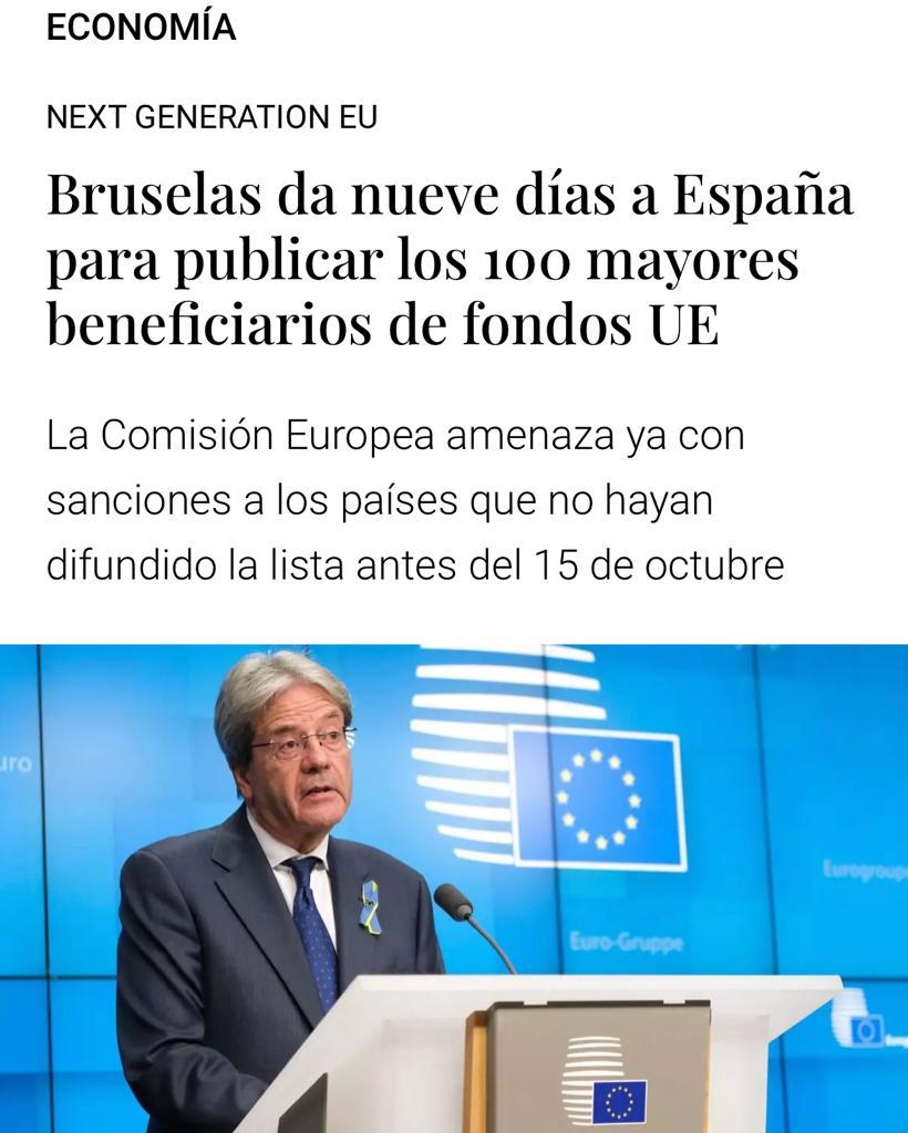 santisanchezab's tweet photo. Hoy finalizaba el plazo que la Comisión Europea daba a España para publicar la lista de los 100 mayores beneficiarios de los fondos europeos del Next Generation EU. 

La lista sigue sin estar publicada, una nueva reiteración en la falta de transparencia.

Debía ser pública, en un portal de fácil acceso y actualizarse dos veces al año, en abril y octubre.
Nadia Calviño lleva prometiendo la lista desde febrero de 2023, tras la visita de la Comisión de Control Presupuestario del Parlamento Europeo.
