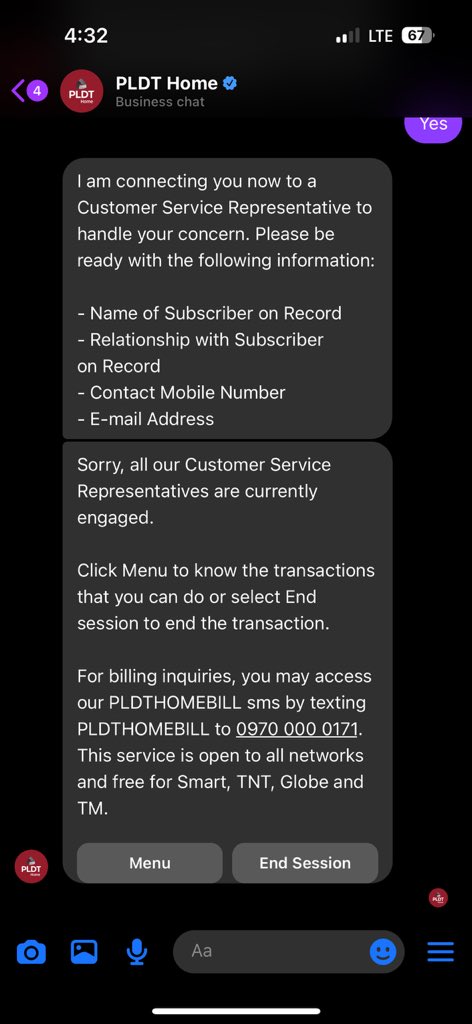 siegetan's tweet photo. @PLDT_Cares Fourth time to get denied by your chatbot. 👎 https://t.co/HxfTV6ssRt