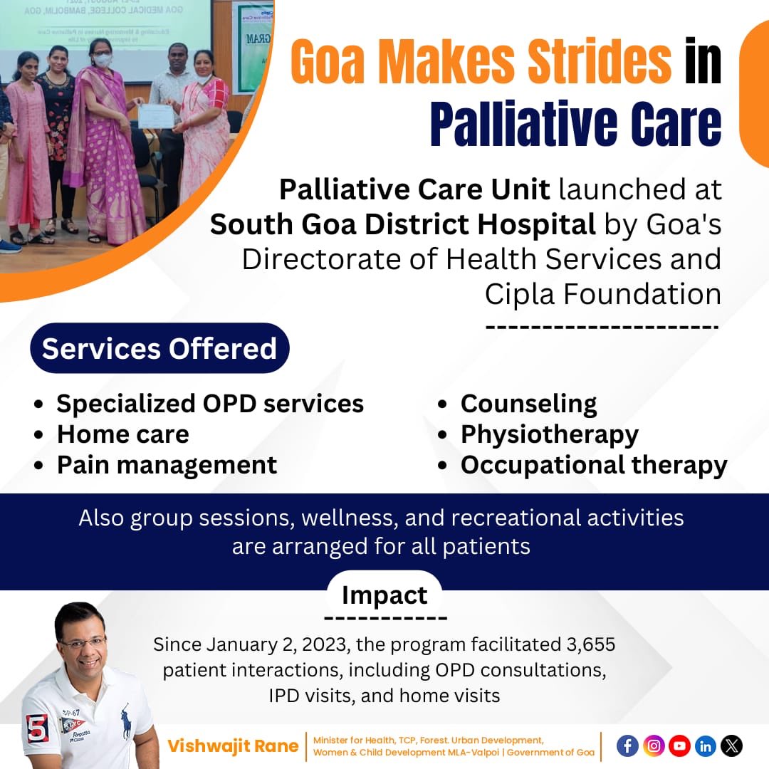 Goa is making commendable strides in the realm of palliative care, enhancing the quality of life for patients facing serious illnesses. This compassionate initiative reflects a commitment to providing comfort and dignity in healthcare. #PalliativeCare #GoaHealthcare