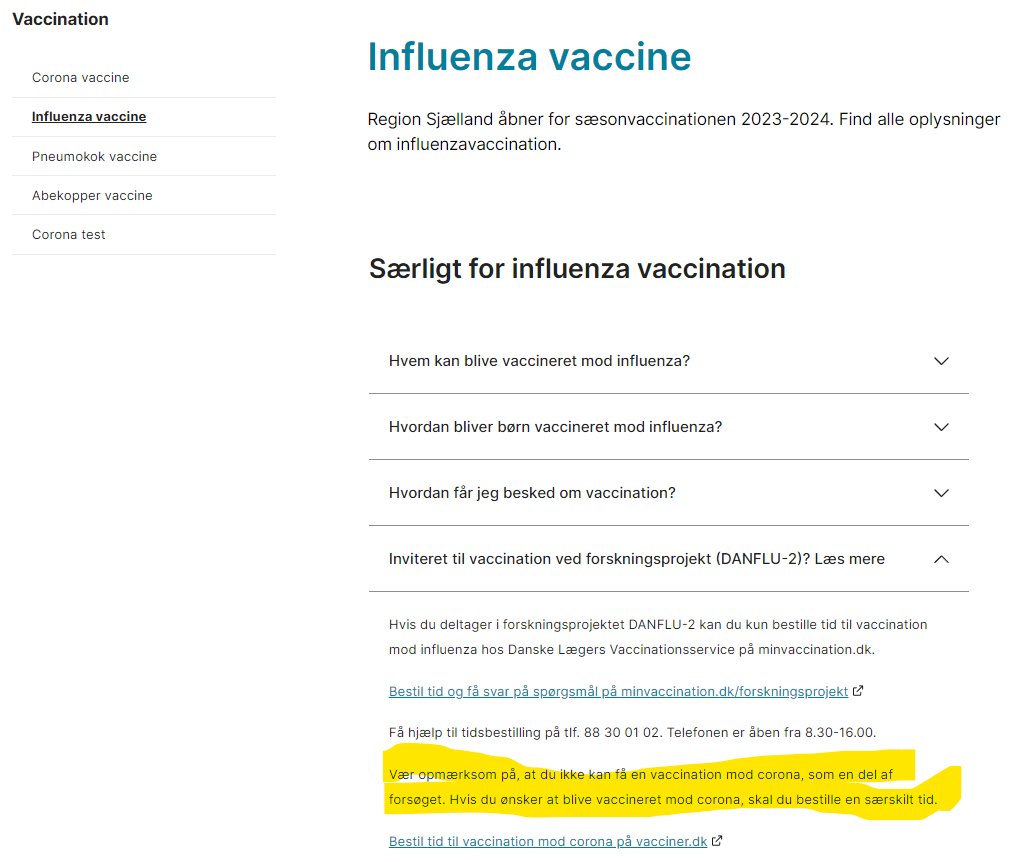 MD5120's tweet photo. @TorBiering @CIRL_DK @aeldresagen Fra hvornår er det blevet muligt at blive Corona vaccineret som en del af DANFLU? Gælder det i alle regioner - og hvorfor informerer Region Sjælland så om det ikke er muligt? https://t.co/FSOf6ABbcZ https://t.co/7weseIhyBB