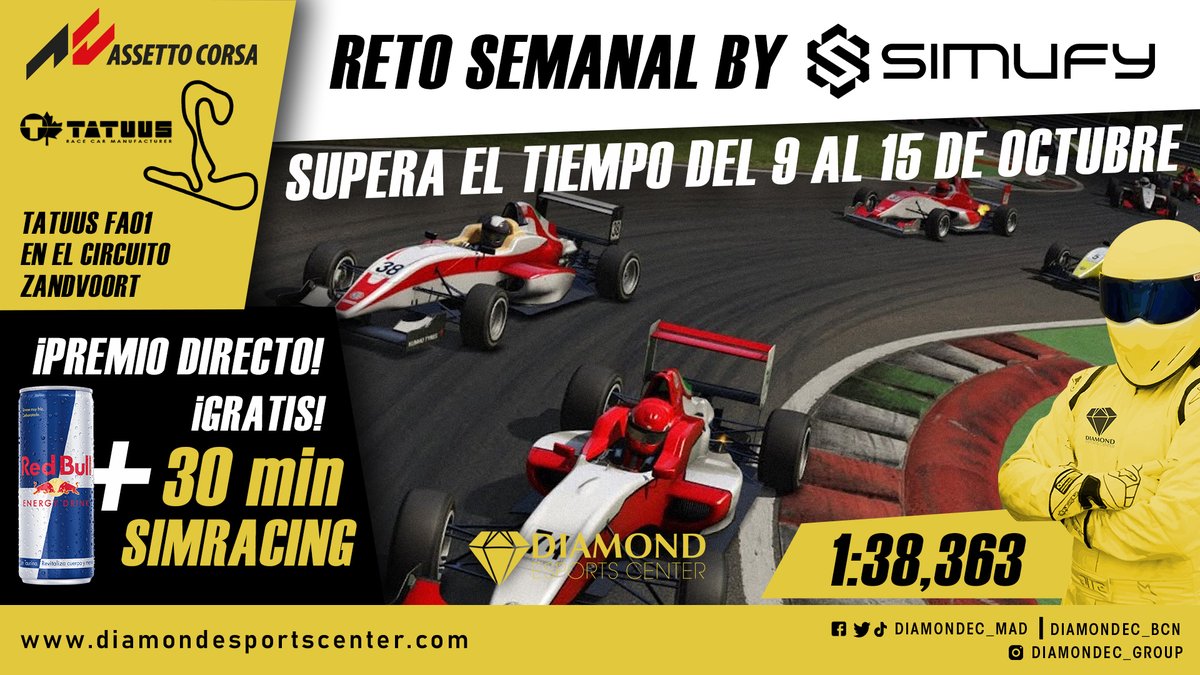 Último día...
🏁RETO SEMANAL @simufy !
🏆Supera a nuestro Piloto y ¡Gana tu premio!

¡Si eres un apasionado jugador de Simracing, mide tu nivel contra nuestro Piloto!

#assettocorsa #simracingmadrid #simracingbarcelona