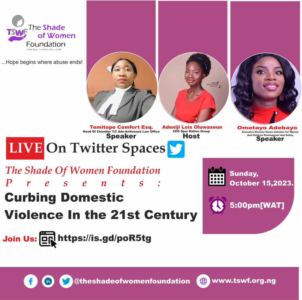 Today,15th October at 5:00pm WAT, We will be hosting Omotayo Adebayo & Temitope Comfort esq on this platform to answer all your questions about domestic violence.If you wish to know more about domestic violence or know anyone facing domestic violence tell them to join us and