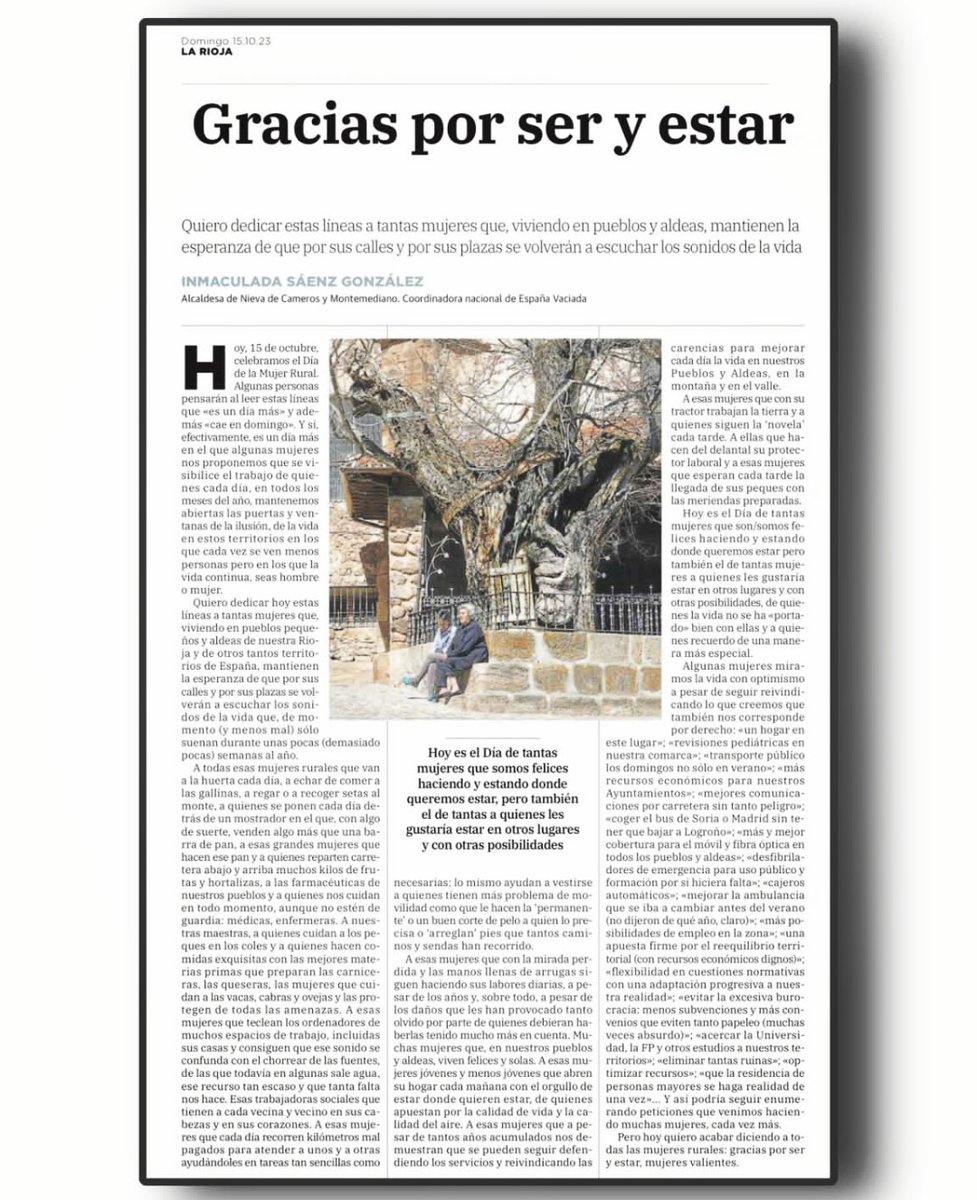 15 de octubre. 
Día de la Mujer Rural.
Gracias por ser y estar, tribuna de opinión de Inmaculada Sáenz en Diario La Rioja.