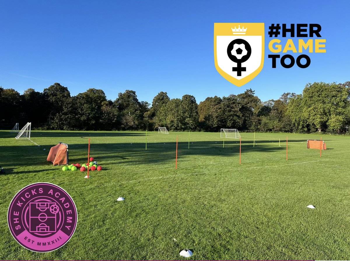 SheKicksAcad's tweet photo. Blue skies on a crisp Sunday morning. 😁.  Three pitches/training stations ready &amp; waiting for our development session players to continue their monthly development on ‘dribbling with the ball’. 
@HerGameToo #WeOnlyDoPositive https://t.co/o6pvFwq8re