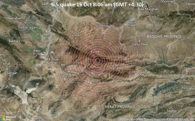 Very strong mag. 6.5 earthquake - 33 km northwest of Herat, Afghanistan, on Sunday, Oct 15, 2023 at 8:06 am (GMT +4:30).

#earthquake #Afghanistan #AfghanistanEarthquake #HeratEarthquake #Herat #Koshk #Karukh
