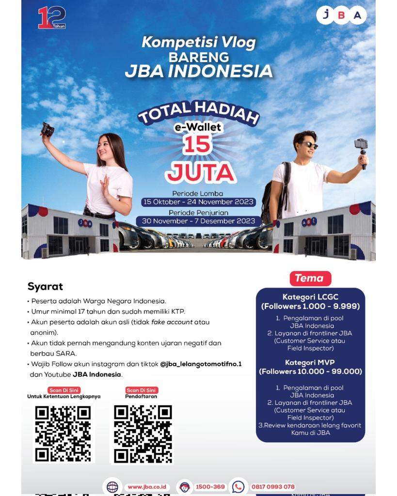 jba_auction's tweet photo. TERBARU! Kompetisi vlog bareng JBA Indonesia yang bisa kamu ikuti dari hari ini hingga 24 November 2023.
Daftarkan dirimu melalui link ini : https://t.co/W5r2eXy9v4
Baca ketentuan lomba melalui link ini : https://t.co/0bmaC2iI3Q
Tunggu apa lagi, buruan ikut kompetisi menarik ini! https://t.co/44jAwWnMdD