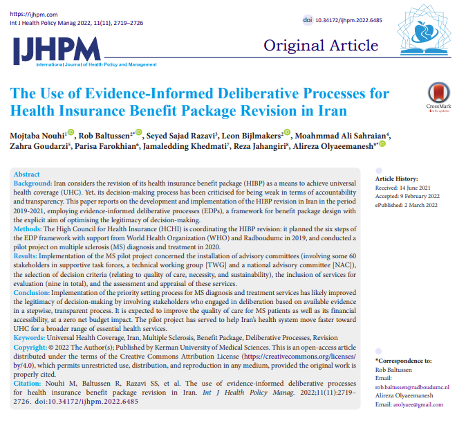 The Use of Evidence-Informed #DeliberativeProcesses for Health Insurance #BenefitPackage Revision in #Iran

ijhpm.com/article_4219.h…

doi.org/10.34172/ijhpm…

#UniversalHealthCoverage #MultipleSclerosis #Revision #IJHPM #HealthEconomics #HealthInsurance #PrioritySetting