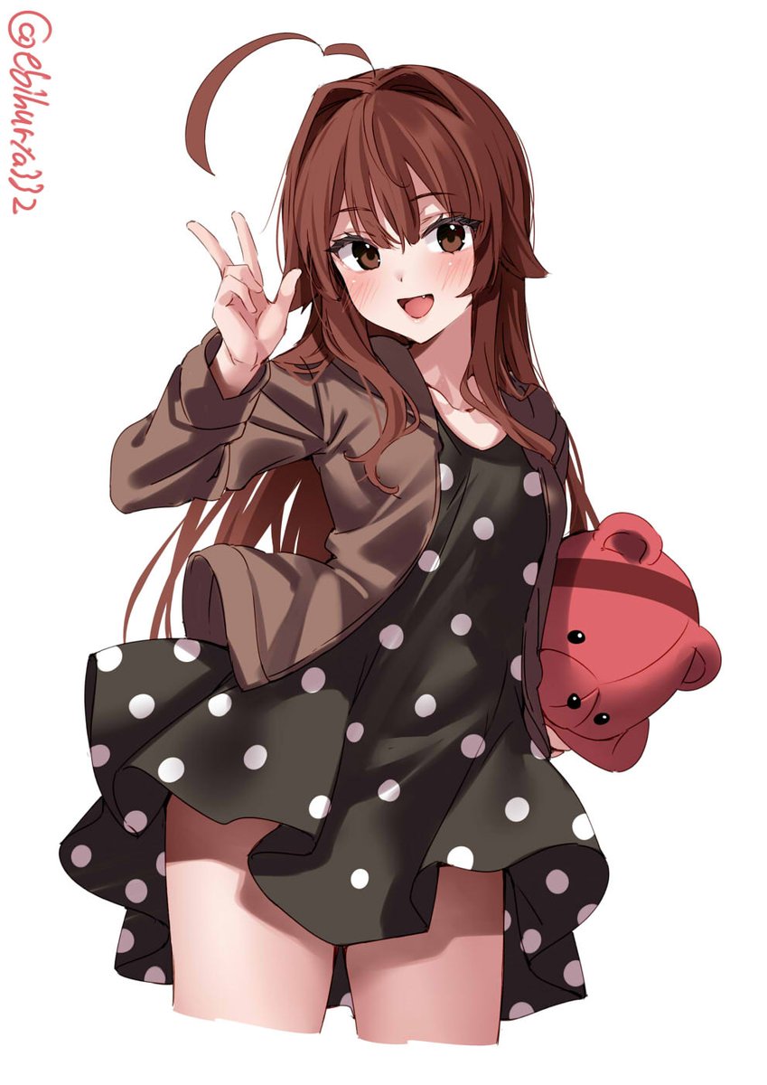 kuma (kancolle) 1girl polka dot dress white background twitter username solo ahoge long hair  illustration images