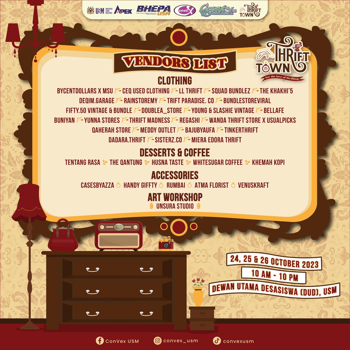 KhemahKopi's tweet photo. Khemah Kopi coming to USM! 🎭

Thrifts Town, USM
24, 25 &amp; 26 October 2023
10AM-10PM
@ngopiss https://t.co/98E1T5cCdj