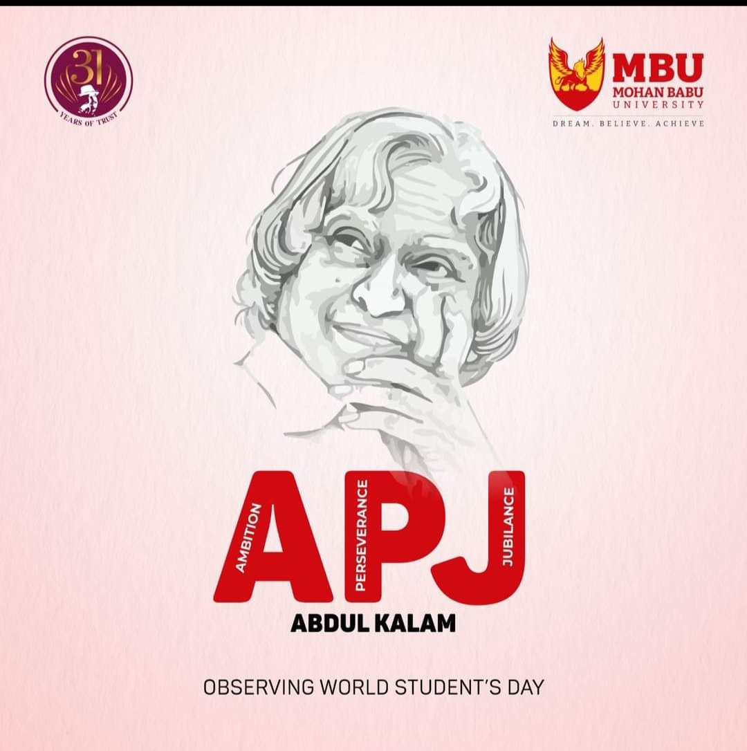 theMBuniversity's tweet photo. Dr. APJ Adbul Kalam inspired the Next Generations with his humble being and unwavering will! Celebrating his birthday and remembering his achievements as World Students' Day.

#MBU #MohanBabu #MohanBabuUniversity #Remembering #Missileman #APJAbdulKalam #BirthAnniversary https://t.co/wmb8vNKbrj