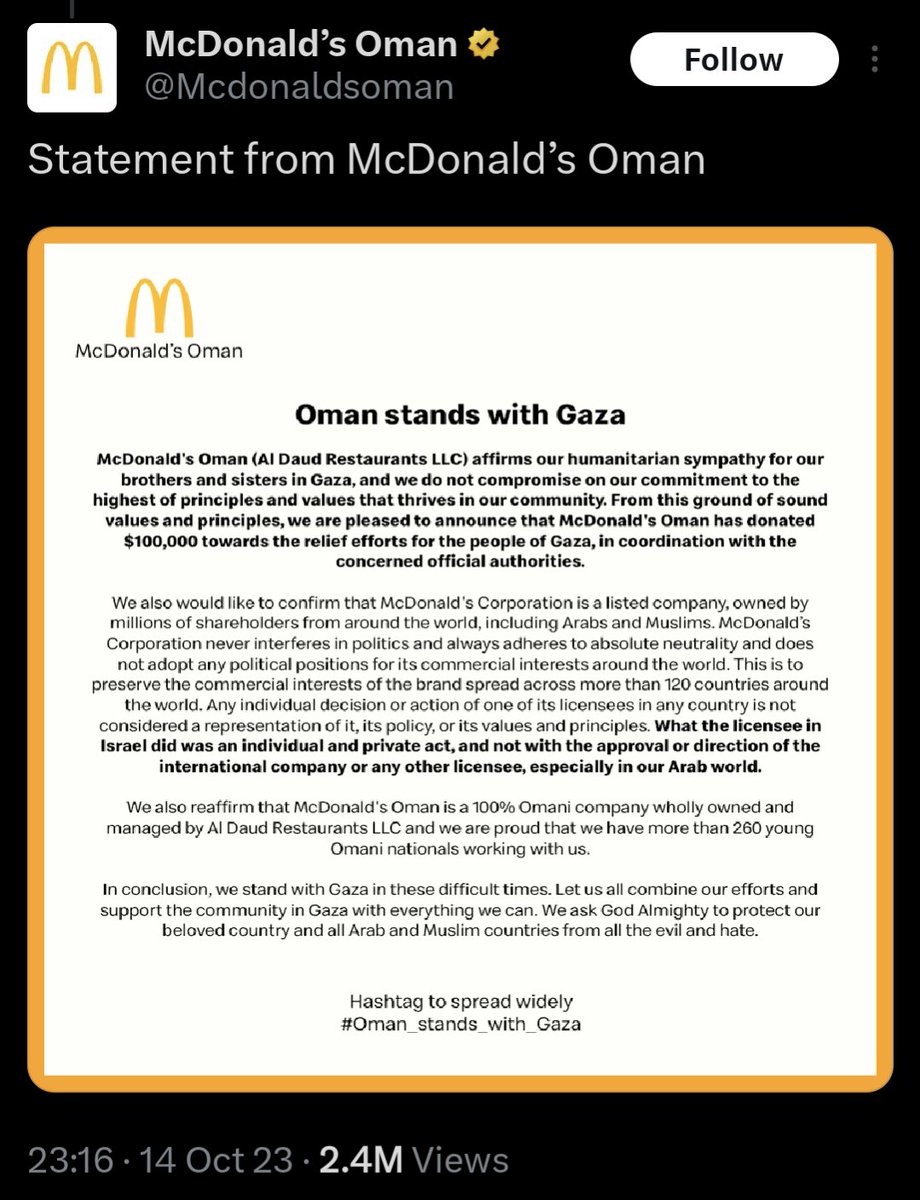 mharisman's tweet photo. Beda negara, beda response, karena beda franchisee.

Donasi untuk Gaza
. McD Oman US$ 100K
. McD Kuwait US$ 250K
. McD Qatar US$ 270K
. McD Saudi US$ 530K
. McD Turkey US$ 1M

Donasi untuk Israel
. McD Jerussalem: free meals for several days. https://t.co/ykHA9QQJ9o