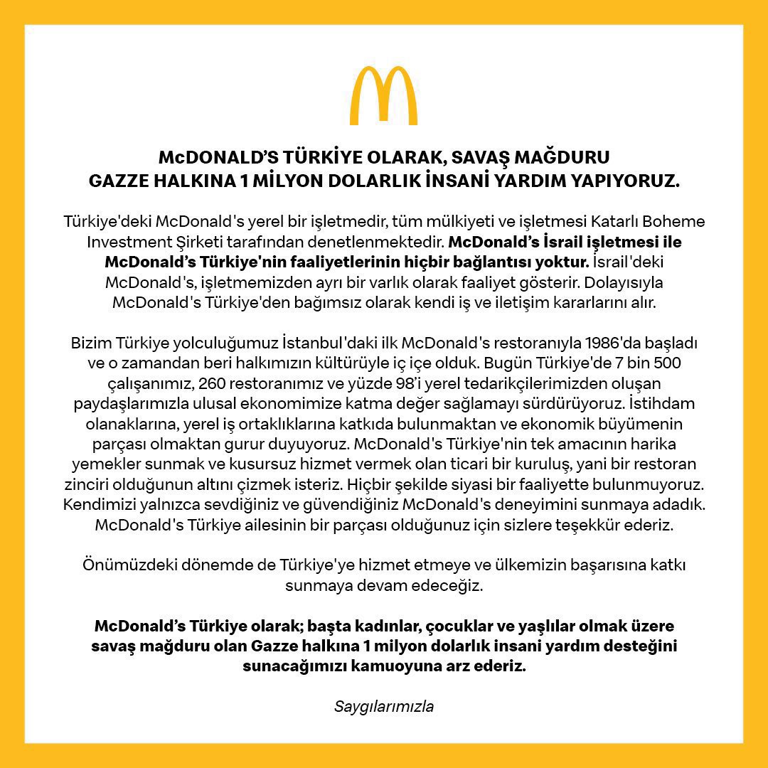 mharisman's tweet photo. Beda negara, beda response, karena beda franchisee.

Donasi untuk Gaza
. McD Oman US$ 100K
. McD Kuwait US$ 250K
. McD Qatar US$ 270K
. McD Saudi US$ 530K
. McD Turkey US$ 1M

Donasi untuk Israel
. McD Jerussalem: free meals for several days. https://t.co/ykHA9QQJ9o