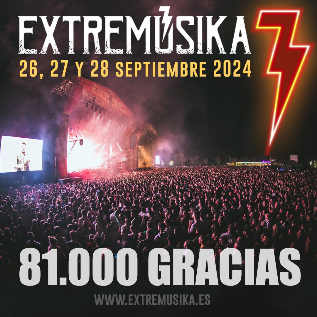 ExtremusikaF's tweet photo. ⚡️ ¡81.000 GRACIAS! ⚡️

¡Gracias infinitas a todos los que nos habéis acompañado en estos tres días de pura fantasía!

Ya estáis en nuestro corazón. ¡Adiós, #Extremusika2023! ¡Hola, #Extremusika2024! ¡Nos vemos los días 26, 27 y 28 de septiembre de 2024! https://t.co/T0HrohMNW6