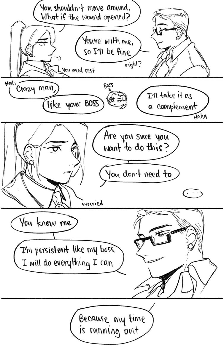 (Story #14) "Also, I don't know how to give up"

Chamber still didn't take any rest, even if he's so tired from yesterday. He realized that he had some unfinished business and needed to take care of it somehow before it's late. So, he left Yoru slept alone last night. 