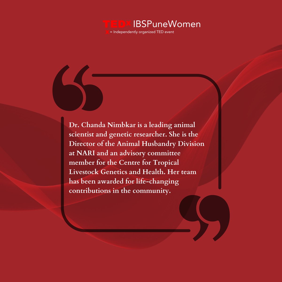 TEDxIBSPune's tweet photo. Team TEDxIBSPune is thrilled to reveal its first speakers for TEDxIBSPune Women! 
Dr. Chanda Nimbkar is a leading scientist and genetic researcher in our country. Learn from her insights and discoveries at the upcoming event. https://t.co/8Llxcj7OOa