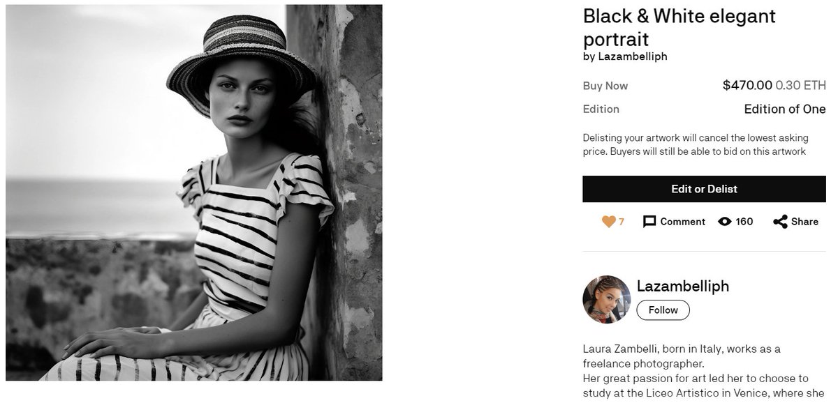LaZambelliPh's tweet photo. Hello guys we announce:

 🚨NewDROP of my "Black &amp; White elegant portrait"🚨

🔗 https://t.co/ozWsQC0kEn
💰 0,30 ETH

-Don't miss the opportunity to own a piece of digital creativity- 

#NFT #NFTCommunitys #CryptoArt #blockchain #ethereumcollection 
#art #photography #photo https://t.co/CBcwBEa2WC
