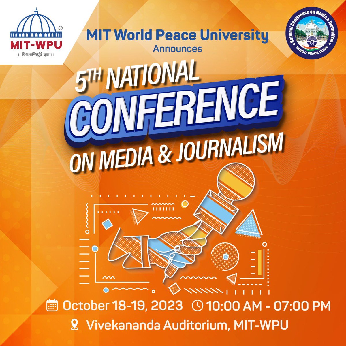 MITWPU_SOMC's tweet photo. INVITING ALL STUDENTS OF MEDIA, JOURNALISM &amp; CURRENT AFFAIRS… to our NATIONAL CONFERENCE ON MEDIA &amp; JOURNALISM

THEME: Dialogue, Inclusivity &amp; Peace

#MITWPU #media #journalism #NCMJ  #journalismforpeace #Pune #mediastudents #conference #journalists #Indianmedia https://t.co/a7qT0N1NK0