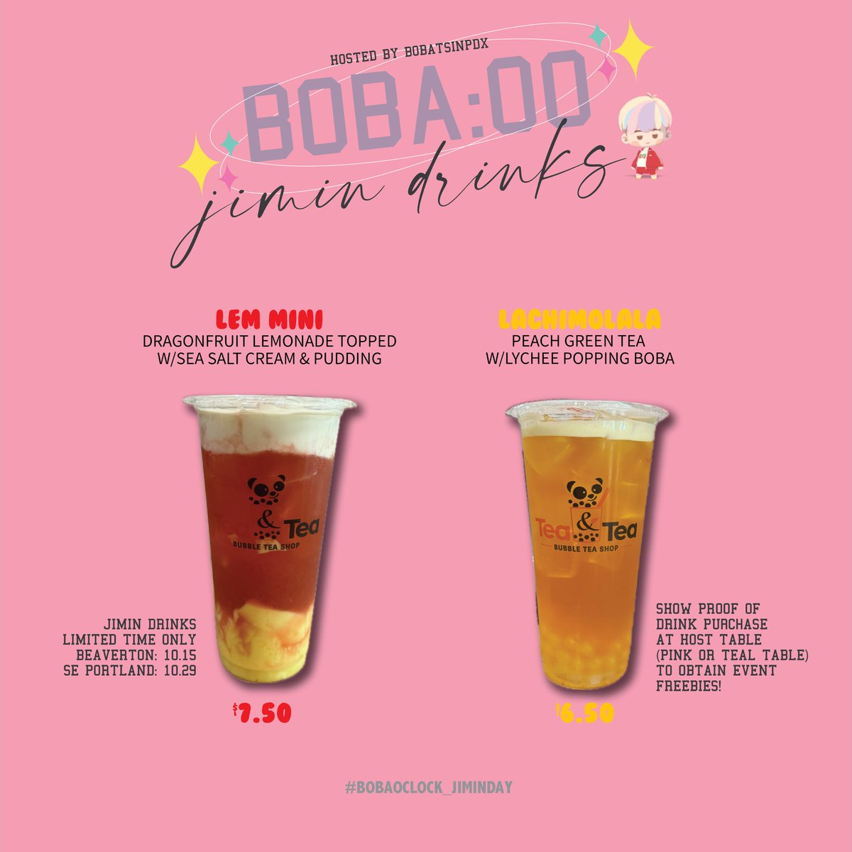 BobaTSinPDX's tweet photo. 𝙅𝙄𝙈𝙄𝙉 𝘿𝙍𝙄𝙉𝙆𝙎
 
🍑 𝙇𝘼𝘾𝙃𝙄𝙈𝙊𝙇𝘼𝙇𝘼 — peach green tea with lychee popping boba

🍋 𝙇𝙀𝙈-𝙈𝙄𝙉𝙄 — dragonfruit lemonade topped with sea salt cream &amp; pudding 

#BobaOclock_JiminDay https://t.co/HxtnHMIcBj