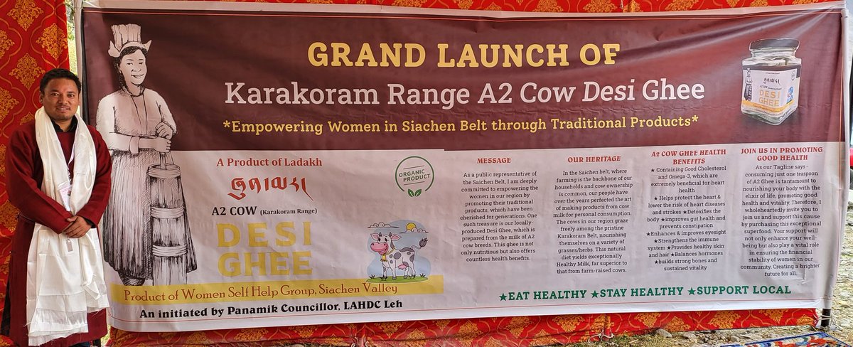 jtnladakh's tweet photo. GRAND LAUNCH OF Karakoram Range A2 Cow Desi Ghee: Empowering Women in Siachen Belt through Traditional Products

A Product of Ladakh: Women Self Help Group of Siachen Valley

Vocal for Local initiative by Sh. Tsering Sandup Hon'ble Councillor of Panamik Constituency in LAHDC Leh https://t.co/iG2YiljHtj