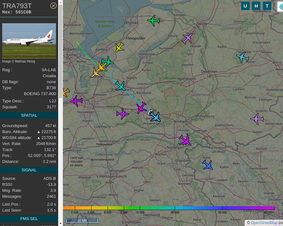 AboveEde's tweet image. #TRA793T : #AMS (Amsterdam) to #PVK (Preveza). 0.2 mi away @ 21725 ft and 87.4° frm hrzn, heading SE @ 488.0mi/h 07:29:13. #UpInTheClouds #MovingQuickly #ADSB #dump1090